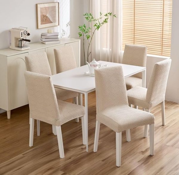 Stretchable Elastic Jacquard Chair Seat Cover – Removable & Washable, Durable Seat Protector for Dining Room (Cream, Pack of 1)