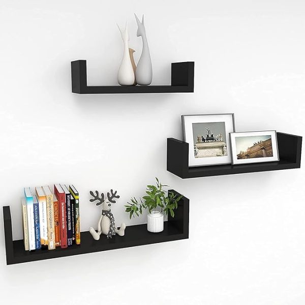 Hanging Floating Wall Mount Display U Shape Wall Shelf, Engineered Wood Wall Rack  Set of 3