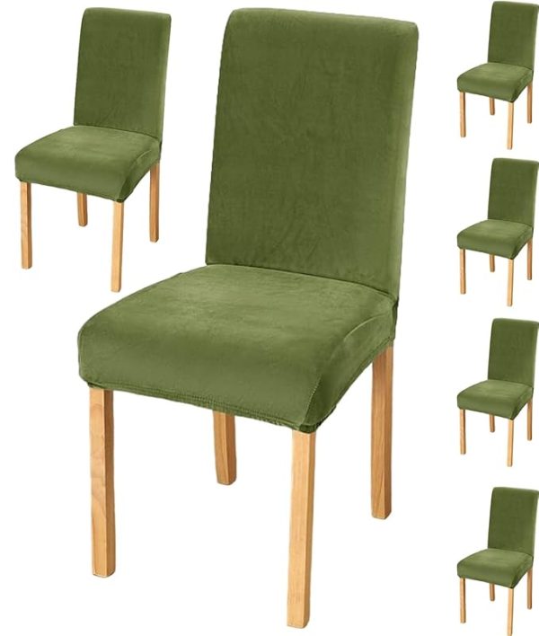 Velvet Dining Chair Covers Stretch Chair Covers for Dining Room (Pack of 6, Pea Green, VEMC10)