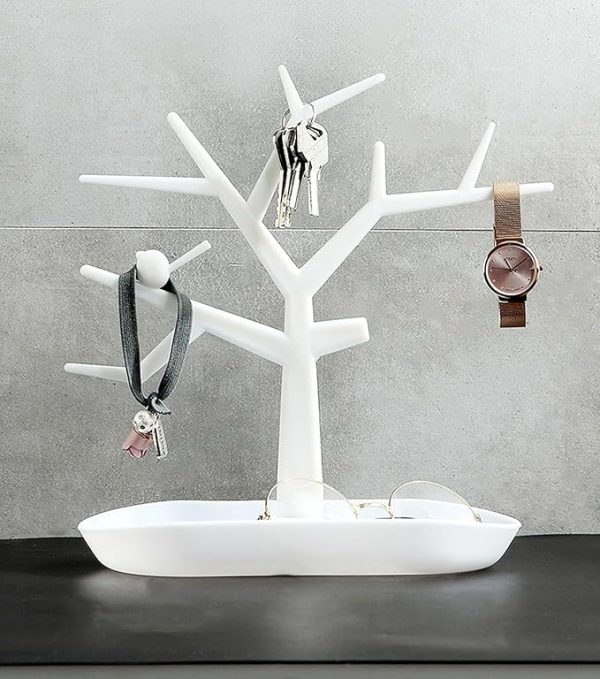 Plastic Tree Key Holders With Tray For Dressing Table   White