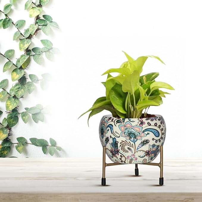Metal Flower Vase Planter Pot with Iron Stand, Pots for Plants, (Size: 6X6 inch) Style: Sunlit Symphony