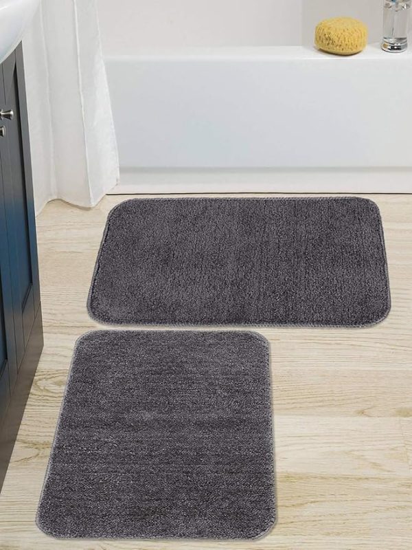 Microfiber Solid Rectangle Anti-Skid Bath Mats Soft & Super Absorbent Mats  Set of 2(Grey,35X50cm)