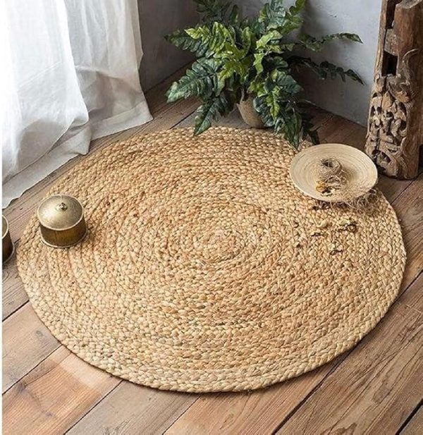 Natural Jute Braided Carpet Mats  Durable,for Living Room, Bedroom Non-Slip, Soft Round - 60cm