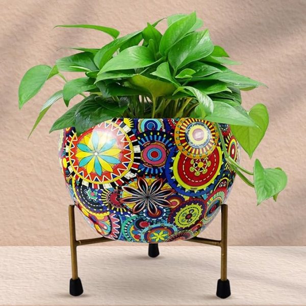 Metal Flower Vase Planter Pot with Iron Stand, Pots for Plants,  (Size: 6X6 inch) Style: Mandala Fusion Grand