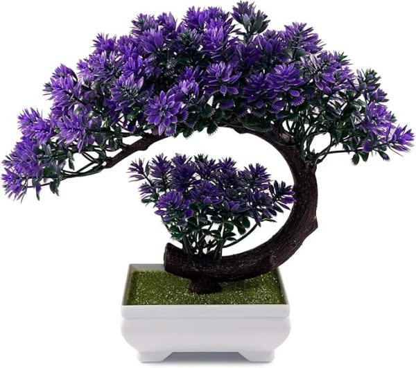 Small Fake Plants - Plastic Artificial Bonsai Tree Purple Room Decor  Tall 8.5" (Purple )
