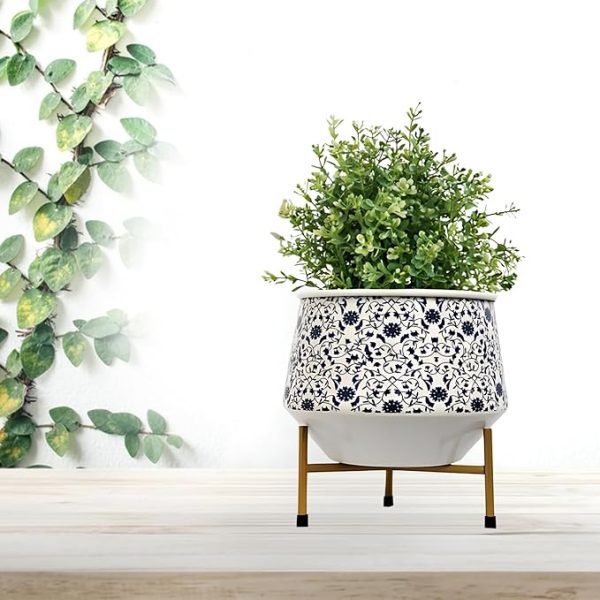 Metal Flower Vase Planter Pot with Iron Stand, Pots for Plants,  (Size: 6X6 inch) Style: Botanic Bliss
