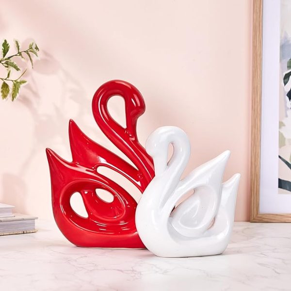 Happy Swan Couple Piano Finish Ceramic Figures for Home Decor (Set of 2 Pieces,  White & Red)