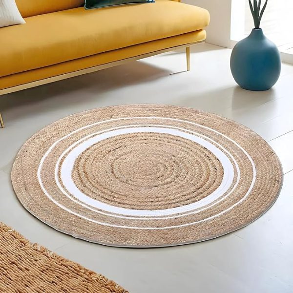 Hand Woven Braided Carpet Rugs|Round Traditional Spiral Design Jute Door mat 60x60 cm,(White)