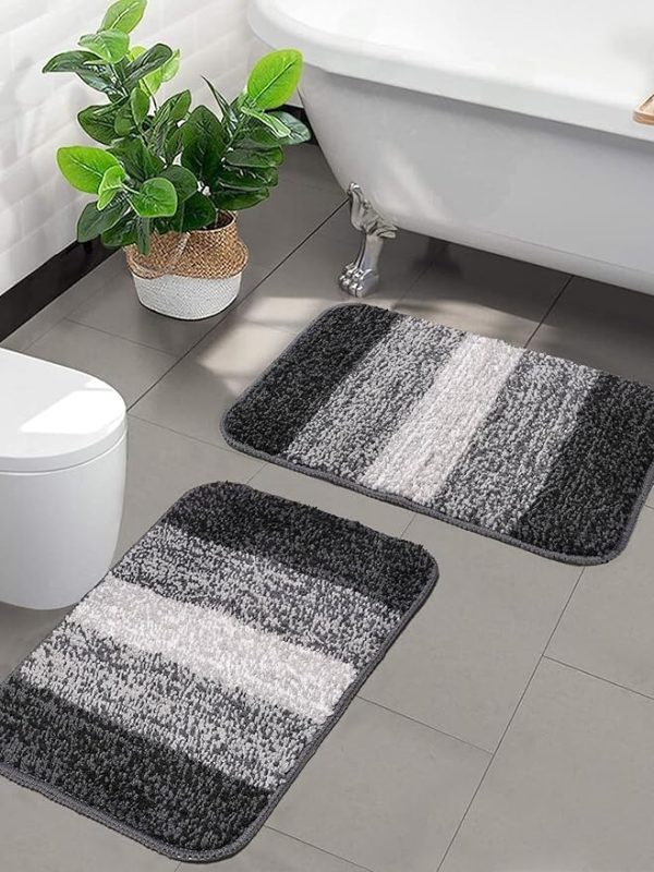 Microfiber Striped Washable, Non-Slip & Quick-Drying Mats, 35x50 CM | Pack of 2 (Black)