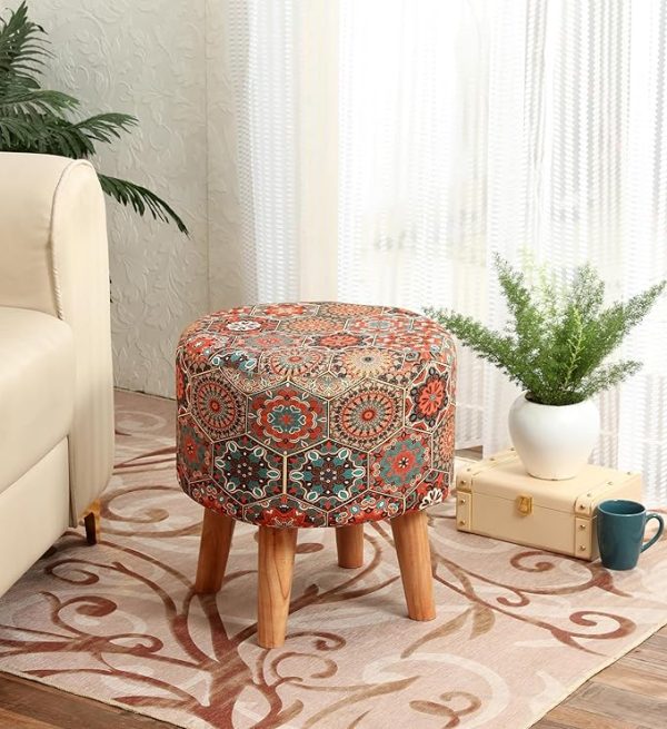Printed Sitting Stool for Living Room Decoration Furniture   Pouffes for Sitting  16x16x17 Inches, Orange