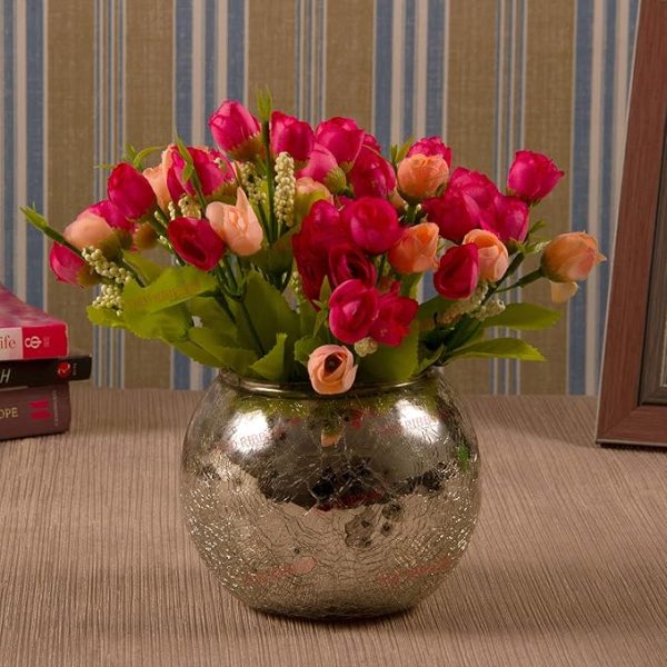 Multicolor Flowers with Mercury Glass Vase for Home Decor Center Table Bedroom Living Room