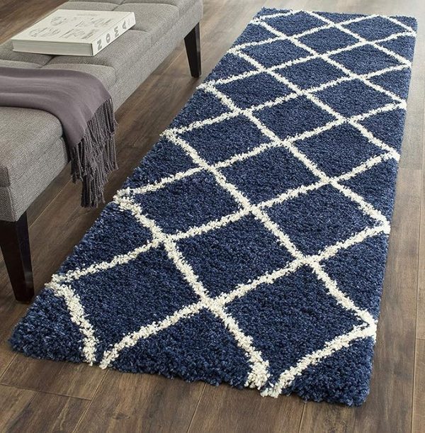 Anti-Slip Fluffy  Large Shaggy Carpet for Living Room, Bedroom, Hallway, Guest Room (2x3 Feet, Blue Ivory Box)