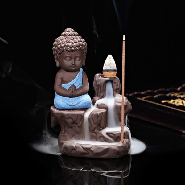 Meditating Monk Buddha Smoke Backflow Cone Decorative Incense Holder (7 cm x 7 cm x 12, Blue)