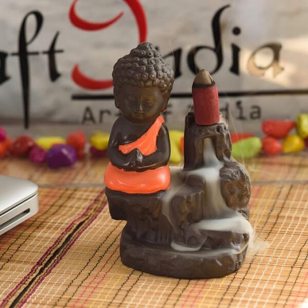 Meditating Monk Buddha Smoke Backflow Cone Decorative Incense Holder (7 cm x 7 cm x 12, red )